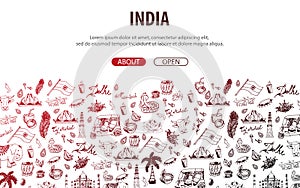 Travel to India. Indian Hand drawn doodles on background. Vector illustration.