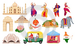 Travel to India, indian landmark tourism set of vector illustrations. Taj mahal building architecture and culture