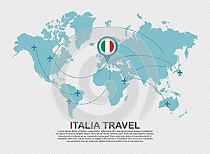 Travel to Italia poster with world map and flying plane route business background tourism destination concept