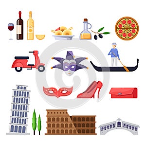 Travel to Italy design elements. Roma, Venice tourist landmarks, fashion and food illustration. Vector flat icons