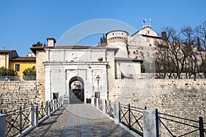 entrance to medieval fortress Castello di Brescia photo