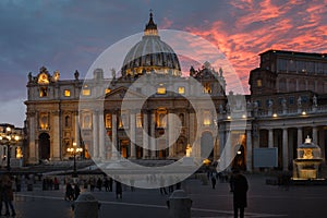 Travel to Italy - people on Piazza San Pietro St Peter`s Square and view of St Peter Basilica in Vatican city