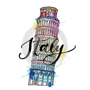 Travel to Italy poster, greeting card, print. Vector sketch watercolor illustration of Italian Leaning Tower of Pisa