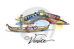 Travel to Italy Venice. Vector sketch illustration of Rialto Bridge gondola gondolier on colorful watercolor backgorund