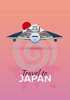 Travel to Japan. Airplane with Attractions. Travel banners. Flat style.