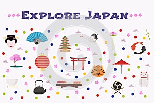 Travel to Japan vector icons set, background