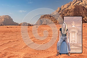 Travel to Jordan concept with smiling girl sitting on the suitcase