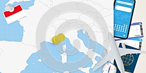 Travel to Monaco concept, map with pin on map of Monaco. Vacation preparation map, flag, passport and tickets