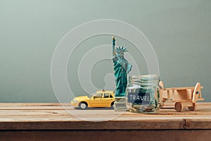 Travel to New York, USA concept with Statue of Liberty souvenir. Planning summer vacation,