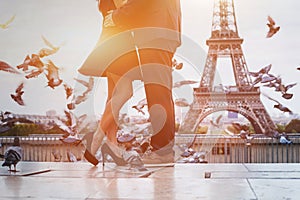 Travel to Paris, France, romantic couple near Eiffel tower