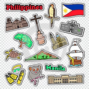 Travel to Philippines. Stickers, Badges and Patches with Philippines Architecture, Animals and Nature