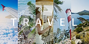 Travel to summer warm tropical places to the ocean. Concept of life as a journey. Collage of beautiful photos with text