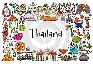Travel to Thailand. Concept art design with Siam elements, map, people and landmarks, thai food etc. Horizontal card