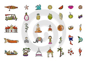 Travel to Thailand. Concept art design with Siam elements, map, people and landmarks, thai food etc. Icons set. Vector