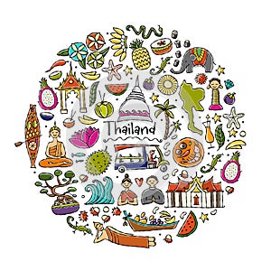 Travel to Thailand. Concept art design with Siam elements, map, people and landmarks, thai food etc. Vector illustration