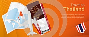 Travel to Thailand pop-under banner. Trip banner with passport, tickets, airplane, boarding pass, map and flag of Thailand