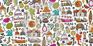 Travel to Thailand. Seamless pattern background for your design. Siam elements, map, people and landmarks, thai food etc
