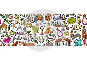 Travel to Thailand. Seamless pattern background for your design. Siam elements, map, people and landmarks, thai food etc