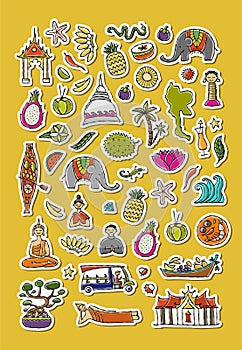 Travel to Thailand. Sticker pack with Siam elements, map, people and landmarks, thai food etc. Vector illustration