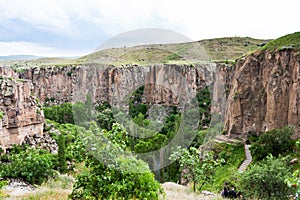 above view of gorge of Ihlara Valley in Cappadocia