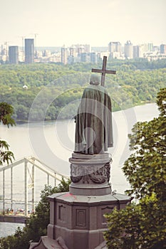 Travel to Ukraine - Saint Vladimir Monument in Kiev city and view of Dnieper River in urban park Volodymyrska Hill Saint Volodymy