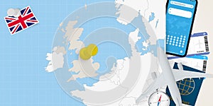 Travel to United Kingdom concept, map with pin on map of United Kingdom. Vacation preparation map, flag, passport and tickets