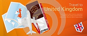 Travel to United Kingdom pop-under banner. Trip banner with passport, tickets, airplane, boarding pass, map and flag of United