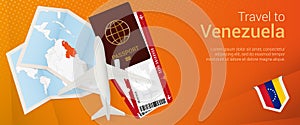 Travel to Venezuela pop-under banner. Trip banner with passport, tickets, airplane, boarding pass, map and flag of Venezuela