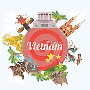 Travel to Vietnam card with red circle and sights