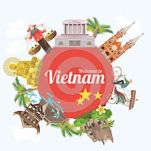 Travel to Vietnam card with red circle and sights photo