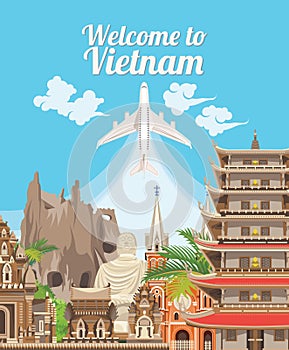 Travel to Vietnam card with vietnamese pagodas photo