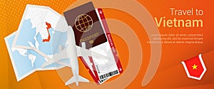 Travel to Vietnam pop-under banner. Trip banner with passport, tickets, airplane, boarding pass, map and flag of Vietnam