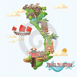 Travel to Vietnam poster with green Vietnamese map