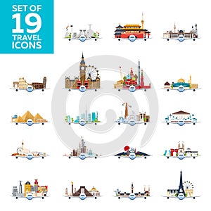 Travel to World. Airplane with Attractions. Big Set of Travel icons. Flat style.