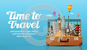 Travel to world. open suitcase with landmarks, vector illustration photo