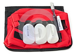 Travel toiletries on a toiletries bag