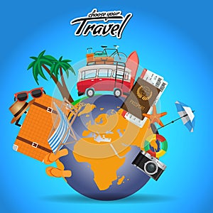 Travel and Tour Poster Design Around the World with Summer Elements. Vector Advertising layout template for your design.