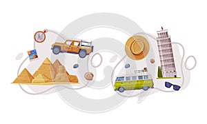 Travel and Tourism Attribute with Leaning Pisa Tower and Egypt Pyramid as City Landmark Vector Composition Set