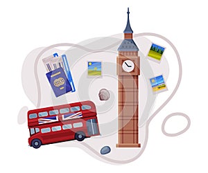 Travel and Tourism Attribute with London Tower as City Landmark and Double Deck Bus Vector Composition