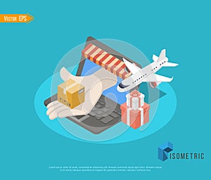 Travel and tourism background. Buying or booking online tickets. Travel, Business flights worldwide. Flat 3d isometric.