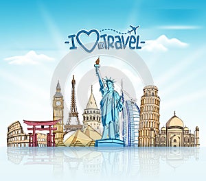 Travel and Tourism Background with Famous World Landmarks