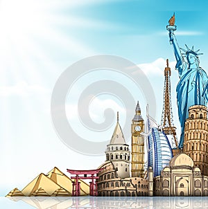 Travel and Tourism Background with Famous World Landmarks