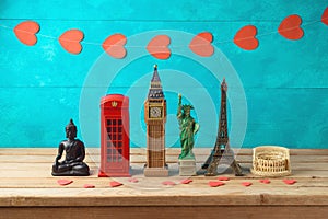 Travel and tourism background with souvenirs from around the world