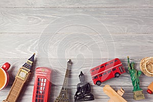 Travel and tourism background with souvenirs from around the world. View from above.