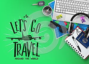 Travel or Tourism Banner with Text LetÃ¢â¬â¢s Go Travel Logo and 3D Realistic Traveling Item Elements