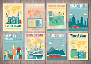 Travel and Tourism brochure set. Template of magazine, poster, book cover, banner, flyer. Vector