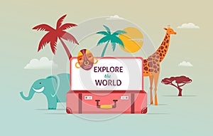 Travel and tourism concept design with open suitcase. Vector illustration