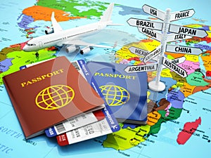 Travel or tourism concept. Passport, airplane, airtickets and de