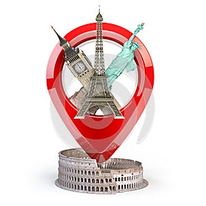 Travel and tourism concept. Pin pointer with famous tourist attractions isolated on white. Eiffel tower, big ben, statue of