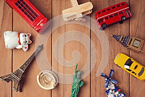 Travel and tourism concept with souvenirs from around the world.